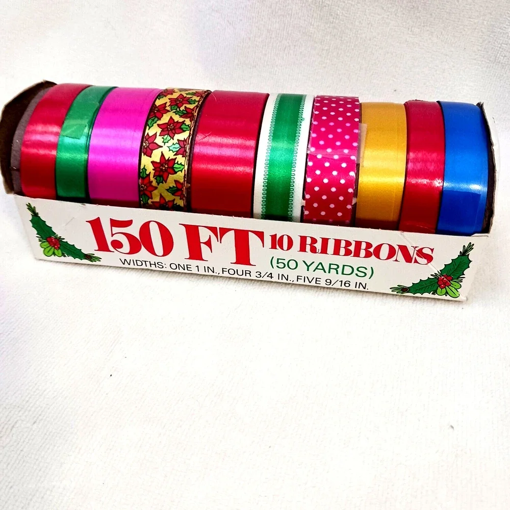 Vintage 1980s Christmas Ribbons 10 Rolls‎ 50 Yards Gift Wrap New in Box!!